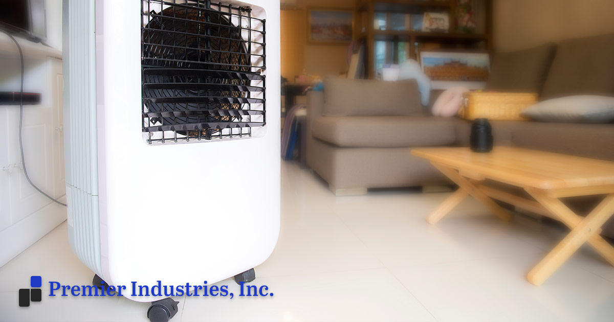 A portable evaporative cooler in a commercial home